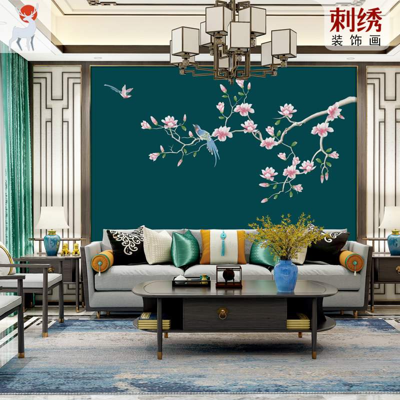 新中式花鸟玉兰花刺绣独绣墙布卧室床头客厅餐厅沙发电视背景壁布