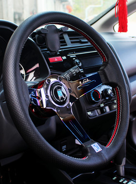 汽车改装ND烤蓝快拆真皮方向盘 赛车通用14寸中凹JDM竞技转向钛盘