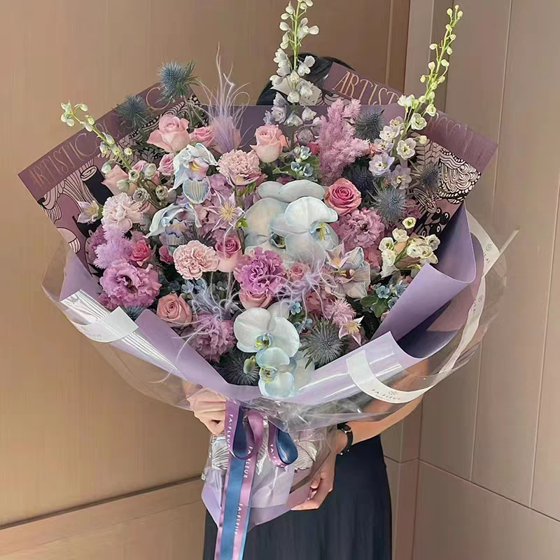 西安同城花店鲜花蝴蝶兰绣球混搭紫玫瑰花束送闺蜜女友生日长辈礼