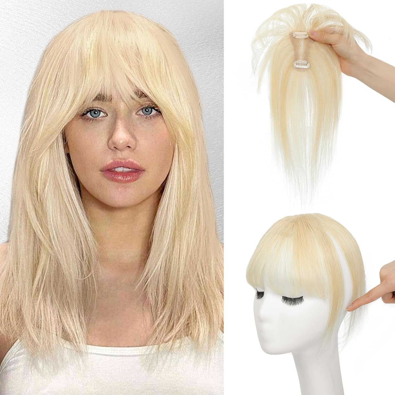 MESICE真人发头顶补发片白金色假发片法式齐刘海女夏季遮黑发金色