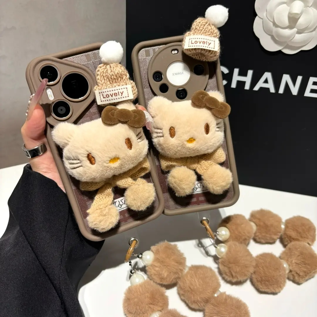 冬季毛绒KT猫手机壳适用于多型号
