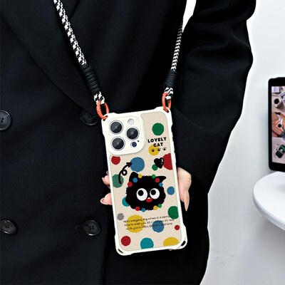 可爱卡通斜跨四角挂绳手机壳