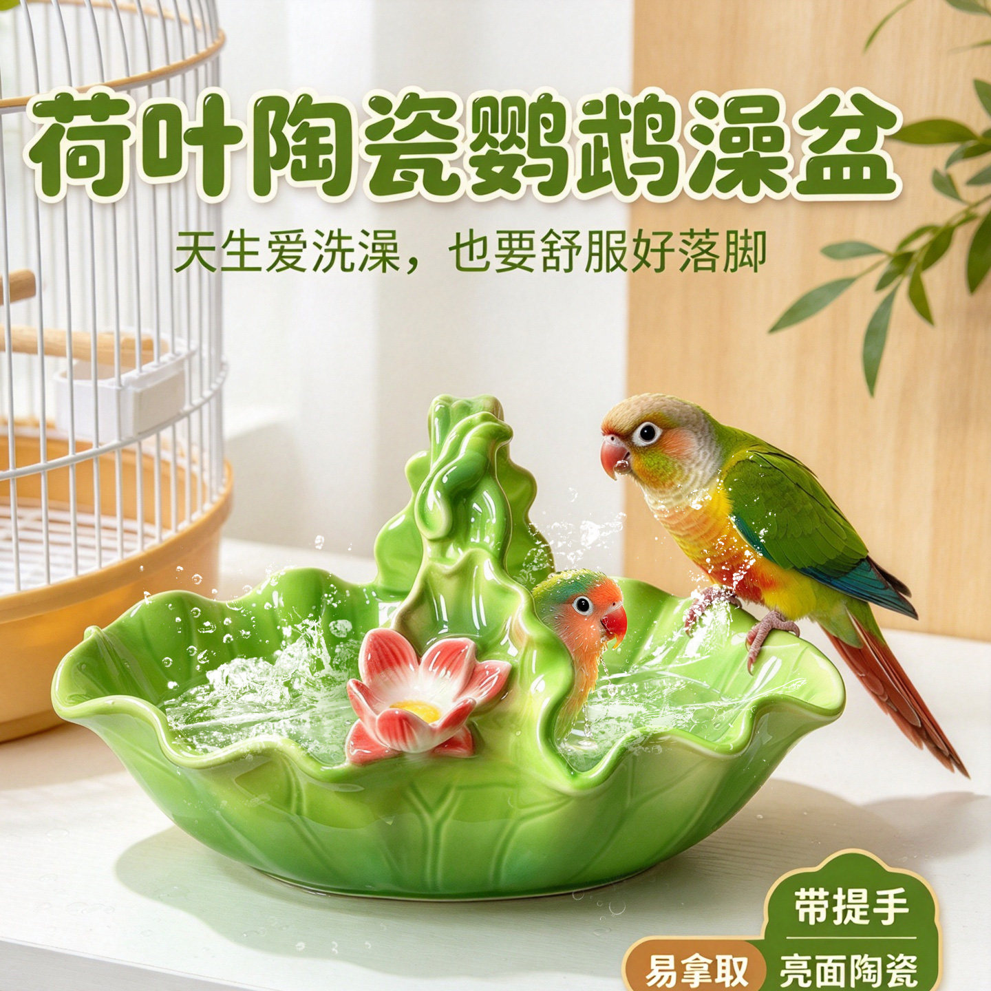 鹦鹉陶澡盆瓷荷叶带提手大容量