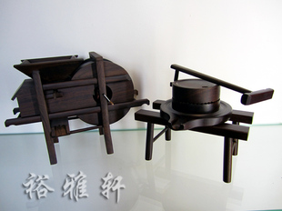 酸枝和黑梓木木雕农用工具模型/仿古石磨/风车/风谷机 木雕摆件
