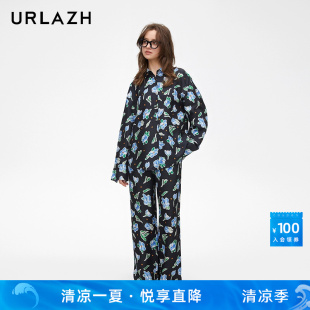 URLAZH有兰春季 女 新款 复古气质印花简约宽松黑色百搭直筒阔腿长裤