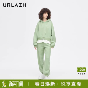 URLAZH有兰新款 女 洋气清新绿色宽松休闲百搭松紧腰抽绳加绒卫裤