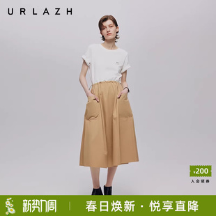 短袖 URLAZH有兰夏季 假两件圆领拼接中长款 解构式 休闲连衣裙女 新款