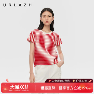 URLAZH有兰春季新款时尚百搭红白条纹休闲简约圆领短袖T恤女上衣
