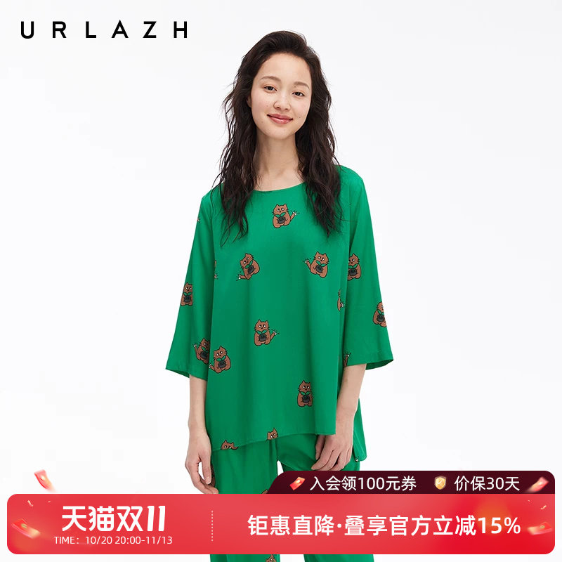 URLAZH有兰夏季新款萌趣U等等招财猫桑蚕丝休闲宽松百搭短袖T恤女