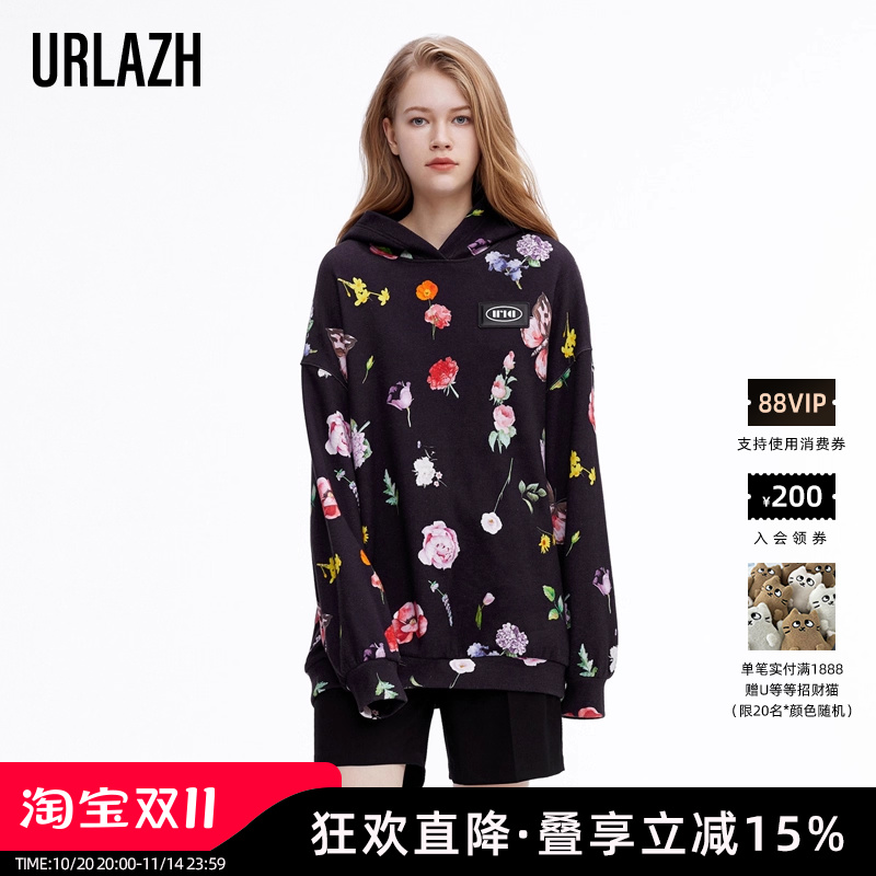 URLAZH/有兰黑色宽松连帽卫衣