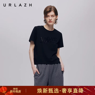 字母烫钻圆领短袖 休闲百搭简约黑色潮短款 T恤 新款 URLAZH有兰秋季