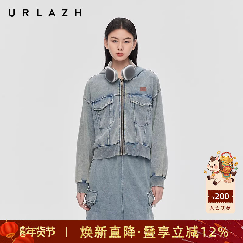 URLAZH有兰春季新款复古工装风水洗蓝做旧休闲连帽短款牛仔外套女,女装/女士精品,短外套,淘宝优惠券,粉丝福利购,淘宝优惠卷