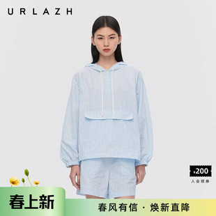 URLAZH有兰春季新款休闲宽松百搭蓝白格纹半开襟连帽套衫外套女