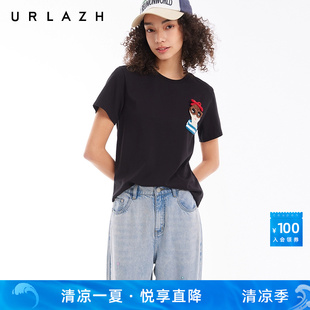 圆领钩花T恤女 URLAZH有兰夏季 新款 简约百搭黑色休闲宽松时尚 短袖