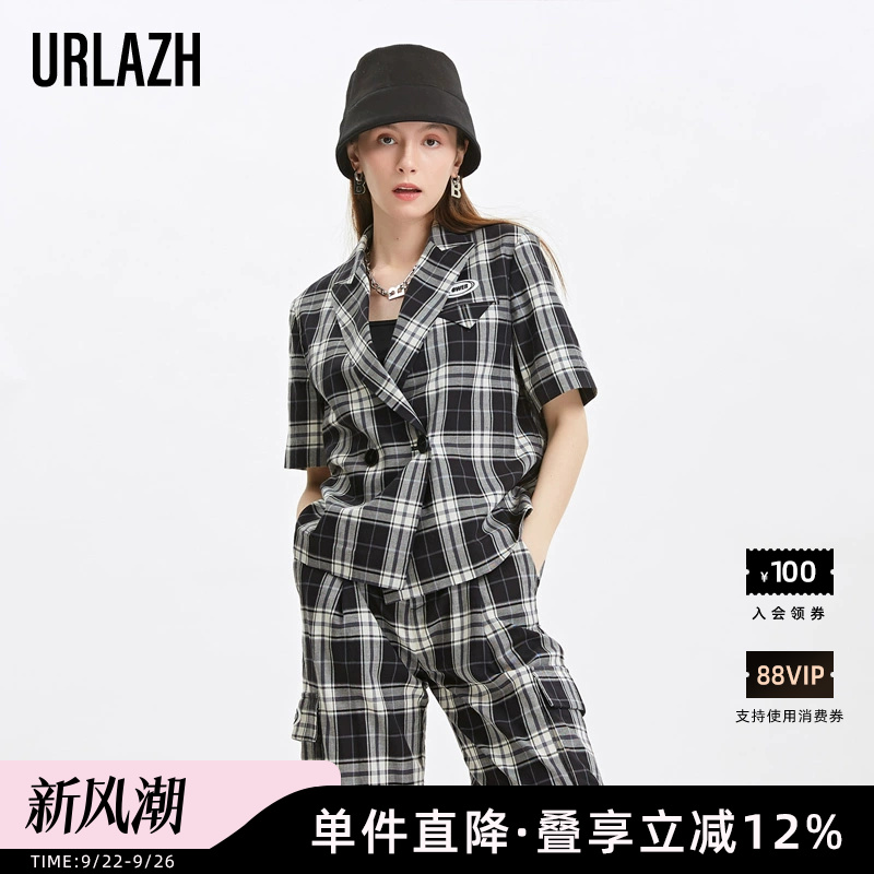 有兰双排扣黑白格子西装领外套