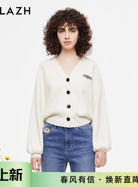 URLAZH有兰秋季新款洋气奶白色贴布绣羊毛休闲灯笼袖V领针织开衫