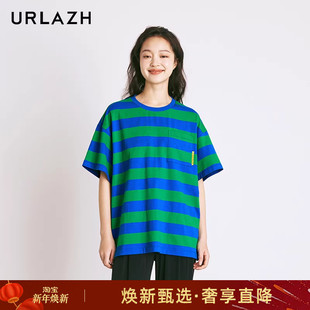 T恤女上衣 百搭复古酷感休闲宽松圆领条纹短袖 URLAZH有兰新款 时尚