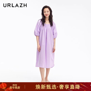 连衣裙女 优雅气质设计感短袖 URLAZH有兰新款 纯棉度假风宽松泡泡袖