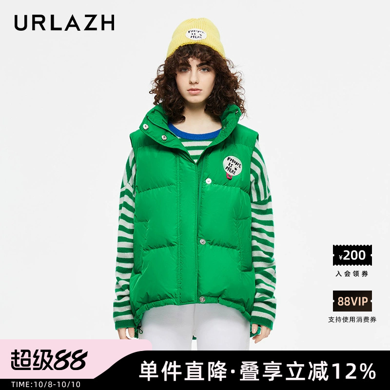 URLAZH有兰新款复古休闲宽松运动厚实立领连帽羽绒马甲背心外套女