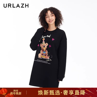 URLAZH有兰新款 圆领印花休闲卫衣裙 慵懒风简约百搭黑色宽松长袖