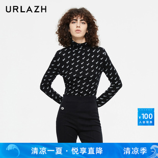 黑色高領印花修身 URLAZH有蘭秋季 新款 洋氣時尚 女 內搭打底衫