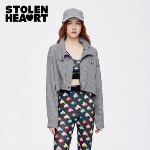 黑白格短款 STOLEN 洋气时尚 HEART夏季 休闲系带简约宽松外套女 新款