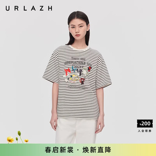 动物派对印花圆领黑白条纹休闲宽松短袖 T恤女 新款 URLAZH有兰春季