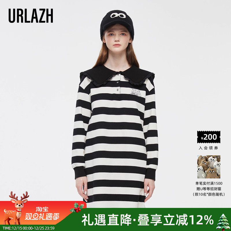 冬季黑色条纹长袖连衣裙