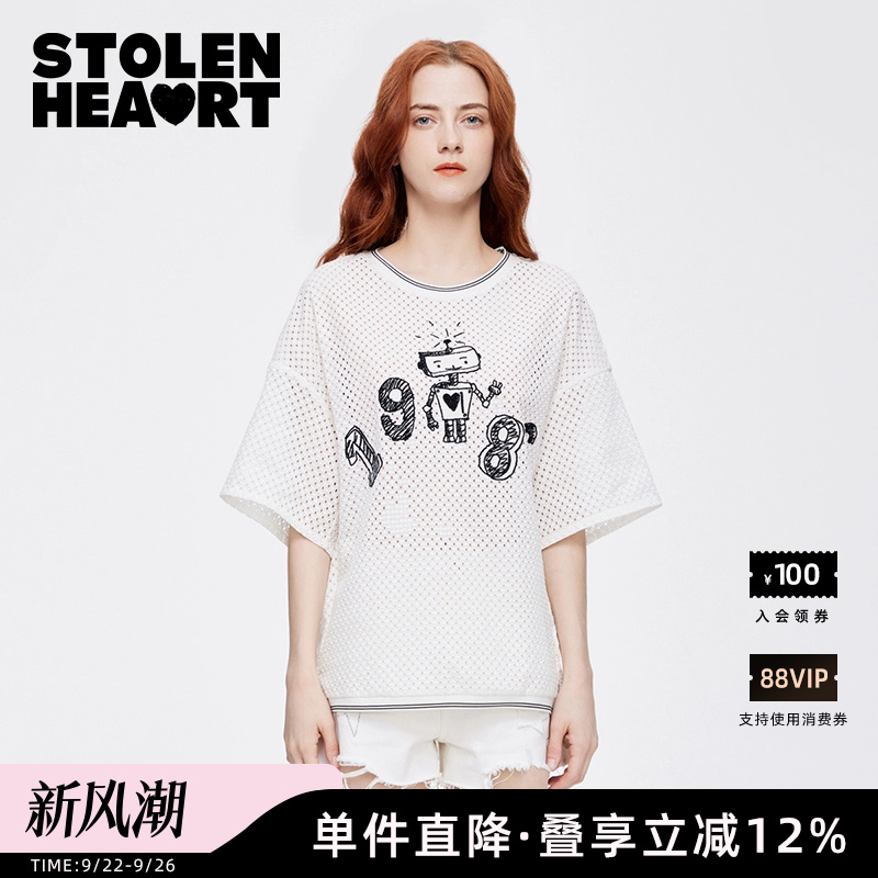 STOLEN HEART新款洋气时尚纯棉圆领休闲宽松镂空短袖T恤女