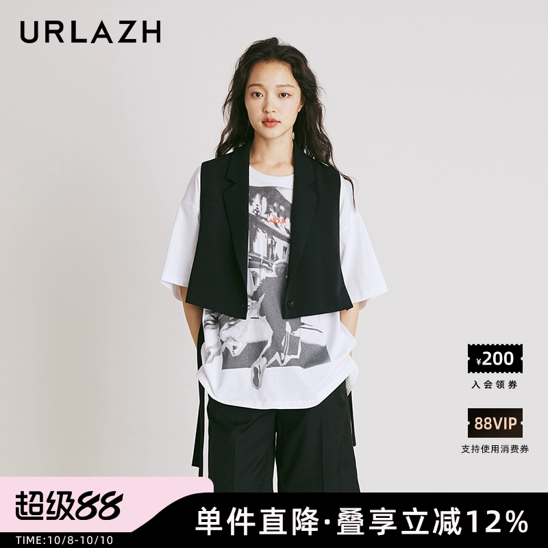 URLAZH有兰新款复古黑色设计感飘带休闲百搭短款西装马甲外套女