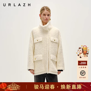 URLAZH有兰冬季新款气质简约白色宽松绵羊毛呢绒绒大衣外套女