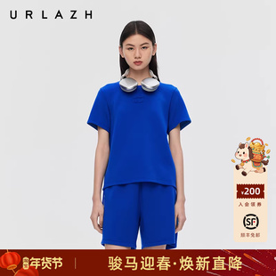 URLAZH有兰春季新款清新卡布里蓝圆领正肩休闲简约圆领短袖T恤女