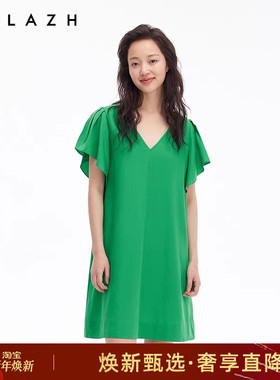 URLAZH有兰夏季新款氧气感草绿色设计感V领气质百搭荷叶袖连衣裙