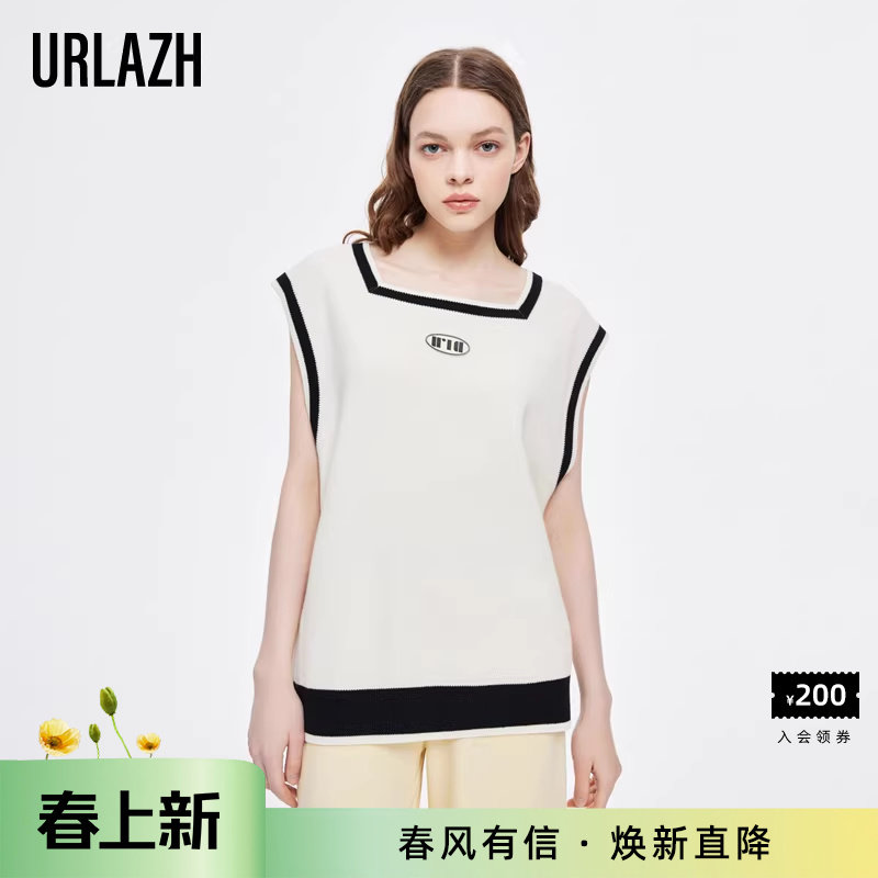 URLAZH有兰秋季新款羊毛黑白毛衣针织马甲背心外套女外搭无袖马夹