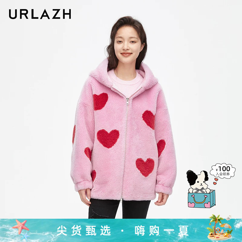 URLAZH有兰新款减龄粉色爱心羊毛气质宽松毛呢外套连帽毛绒大衣女