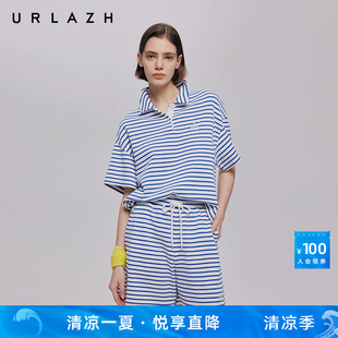 URLAZH有兰夏季 T恤女 新款 潮流波士顿主题蓝白条纹polo领休闲短袖
