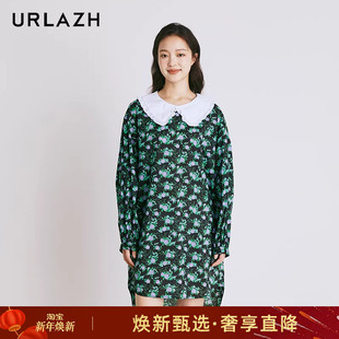 娃娃领连衣裙女 气质复古风碎花长袖 URLAZH有兰新款 纯棉黑色法式