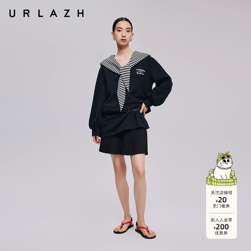 URLAZH有兰秋季新款减龄学院风廓形海军领条纹披肩卫衣连衣裙女