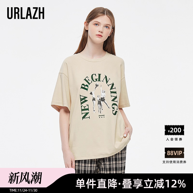 URLAZH有兰夏秋新款欧美式复古宽松圆领港风ins休闲上衣短袖T恤女