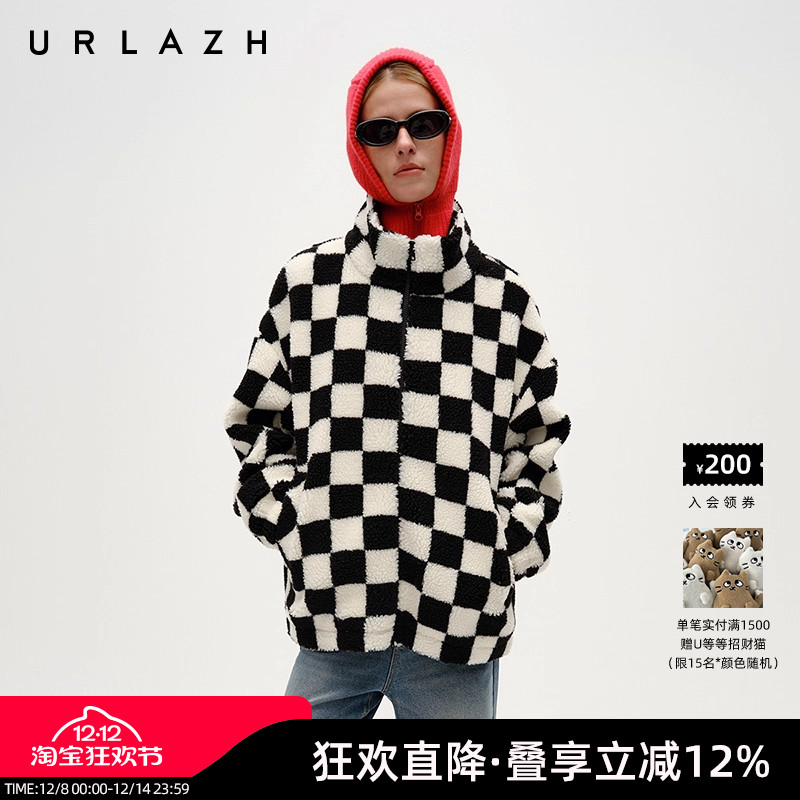 复古风棋盘格休闲毛呢外套