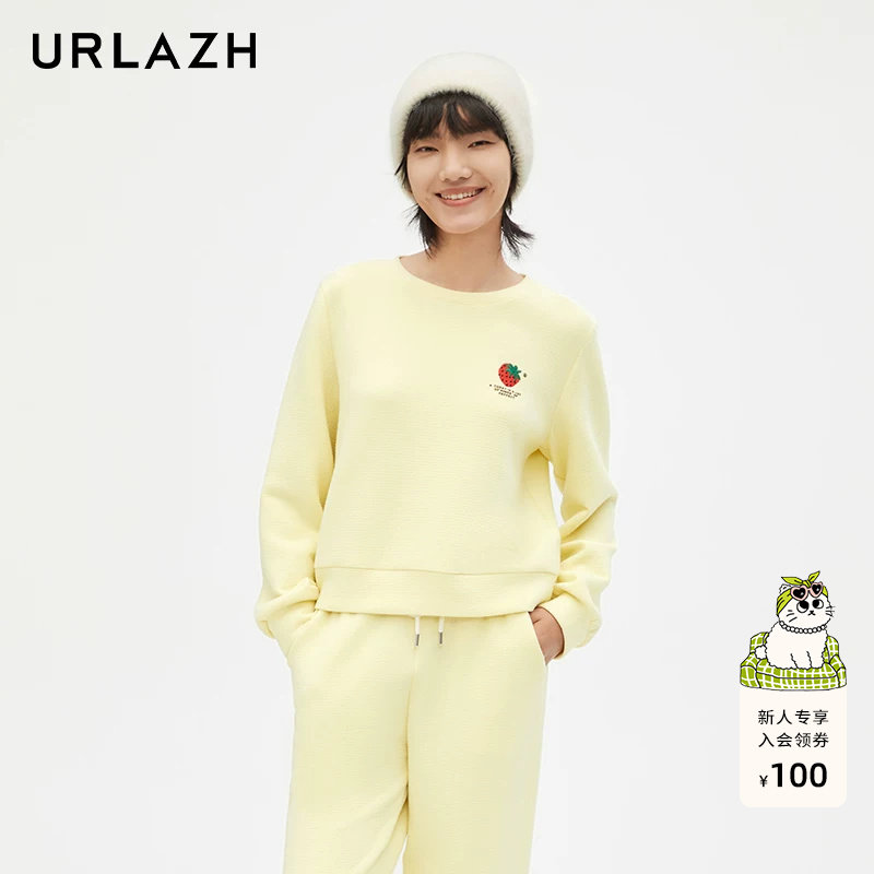 URLAZH有兰新款时尚简约百搭草莓绣花宽松休闲圆领长袖套头卫衣女