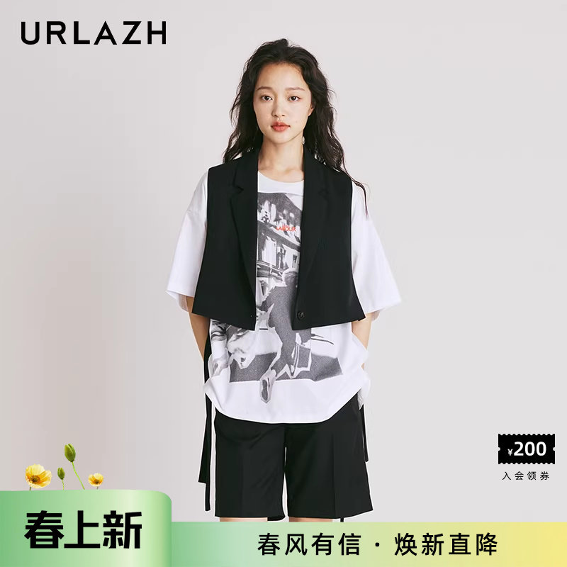 URLAZH有兰新款复古黑色设计感飘带休闲百搭短款西装马甲外套女