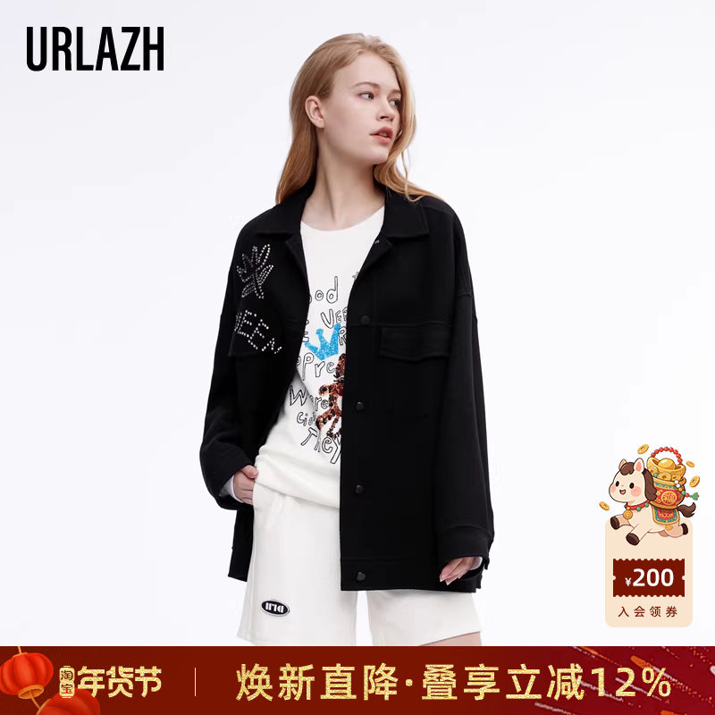 URLAZH有兰秋季新款水钻装饰黑色气质百搭外套休闲上衣毛呢大衣女