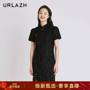气质连衣裙短袖 显瘦复古新中式 立领旗袍裙 黑色修身 URLAZH有兰新款
