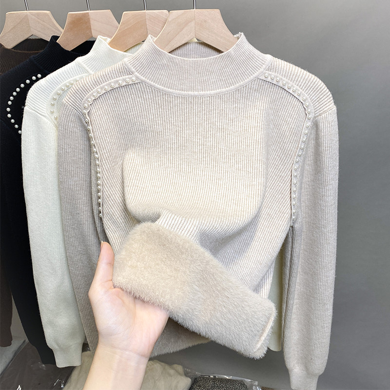 加绒半高领毛衣女一体绒加厚打底衫2025秋冬钉珠针织衫内搭上衣潮