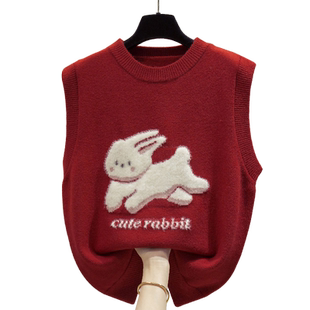 圆领红色针织马甲背心女2025秋冬新款宽松外穿马夹叠穿毛衣坎肩潮