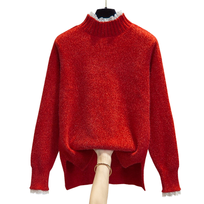 半高领加厚毛衣水貂绒蕾丝打底衫