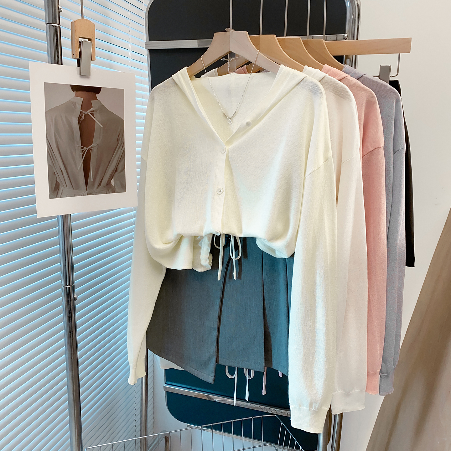 连帽系带针织开衫宽松上衣薄外套