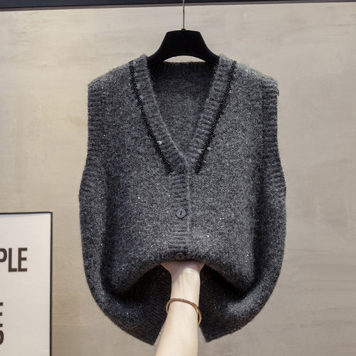 亮片开衫v领针织马甲女毛衣坎肩