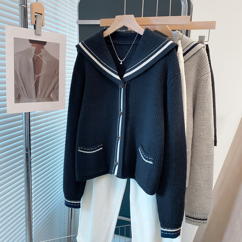 海军领毛衣外套宽松厚针织开衫潮